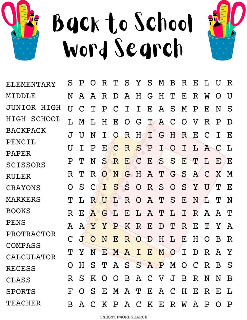 Back to School Word Search Puzzle with Answer Sheet Family Activities Children's Puzzles School Puzzles School Games image 1