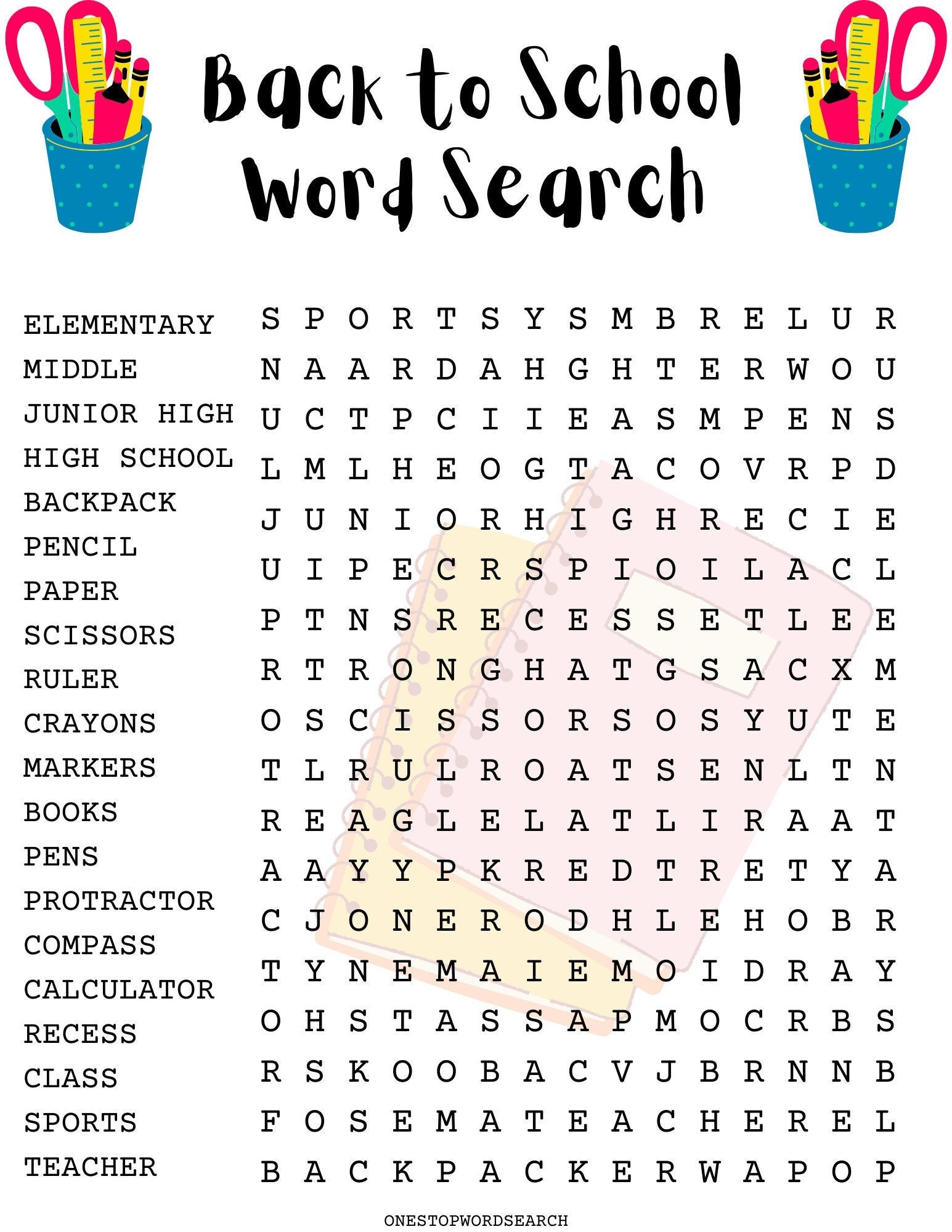 Back To School Word Search Puzzle With Answer Sheet Family Etsy