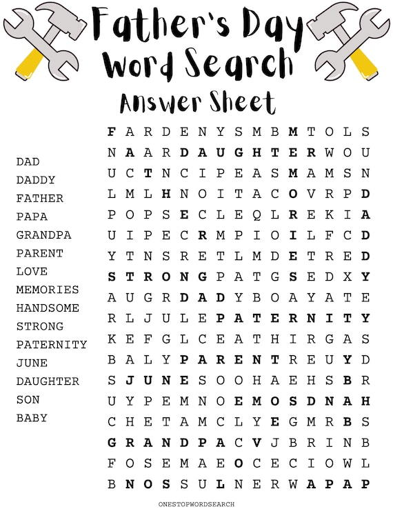 Father's day word search puzzle with answer sheet| holiday games| holiday  puzzles| family activities| children's puzzles