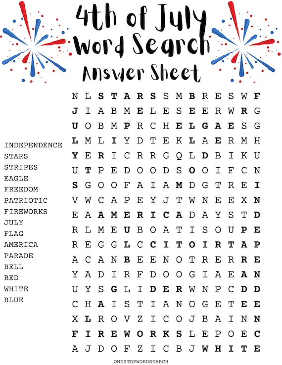 4th of july word search puzzle with answer sheet| fourth of july word  search puzzle| independence day| holiday games| holiday puzzles - etsy