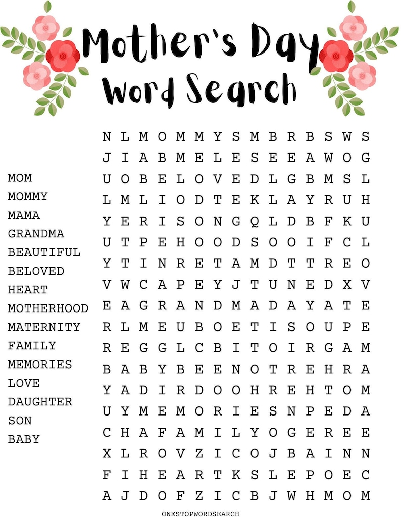 Mother's Day Word Search Puzzle With Answer Sheet Holiday Games