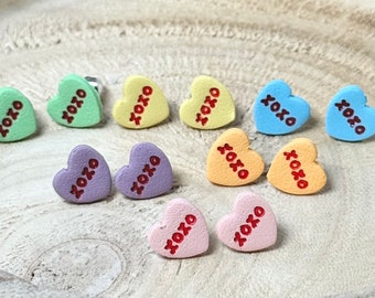 Conversation heart studs, Valentines day earrings, Candy heart studs, Heart studs, pink heart studs, Clay studs, Clay earrings