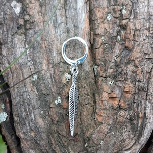 Men&#39;s Single Huggie Leverback Silver Feather Charm Earring / Gifts for Men / Men&#39;s Earrings
