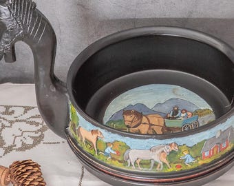 Vintage wood bowl, Hand painted vessel, Horse head handles, Large nordic hand carved kjenge Viking style drinking mug