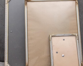 Set of 3 antique picture frames, Golden white brass, Lot of hanging frames, Gallery wall display, Retro interior detail