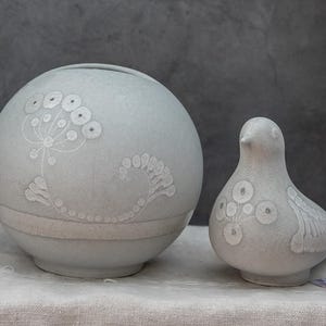 Vintage decorative vase and bird ornament, Round pottery vase, Set of 2 handmade table decor, KMK W. Germany, Small bird figurine