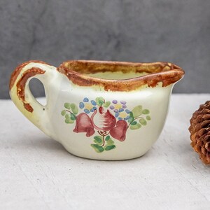 Vintage mini jug, Pottery creamer with handle, Small pottery pitcher, Coffee table milk jug, Syrup serving bowl, Rustic style miniature mug