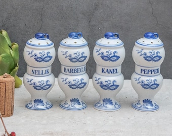 Vintage-Gewürzset, 4-teilig, blaues Zwiebelmuster, Keramik-Aufbewahrungsflasche, Gewürzglas