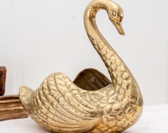 Vintage brass swan figurine, Bird figure planter, Handmade small decorative bowl, Solid brass vase, Flower planting pot