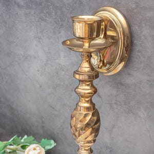 Vintage brass wall sconce, Wall mount large candle holder, Decorative candlestick, Entry wall decor