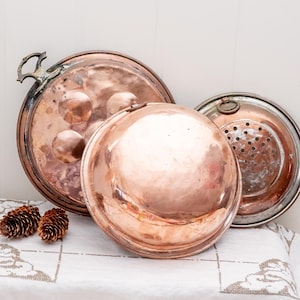 Vintage Hanging Utensils Set of 3 Handmade Strainer Copper Egg Pan Copper Bowl French Countrystyle Rustic Decoration