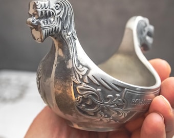 Vintage dragon bowl, Viking longboat ship, Small Norwegian kjenge dish, Catchall plate, Pewter salt cellar