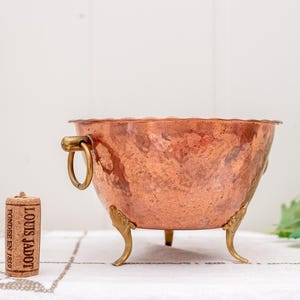 Vintage copper bucket, Decorative flower planter on brass legs, Retro succulent pot, Small raised catchall dish