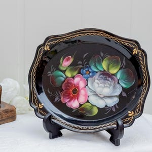 Vintage toleware tray Small black metal handpainted tray Russian folkart decorative floral plate Tole tray