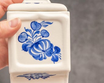 Vintage salt wall pocket, Container with lid, Farmhouse kitchen, Stoneware ceramic wall mount vase, Salt box blue and white