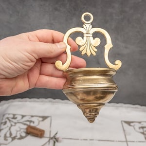 Antique holy water font, Vintage brass small pot, Metal wall mount pocket, French style decorative container, Miniature flower vase