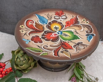 Vintage wooden cake stand, Handpainted raised tray, Nordic wedding cake display, Carved wood, Bright colors