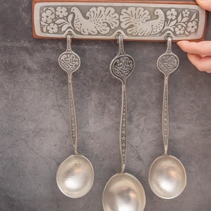 Vintage Ladle Spoon Set of 3 Soup Ladle Stew Ladle Wall Mount Set Handmade Norway Flatware Hostess Gift Peacock Design Vintage Kitchen Decor