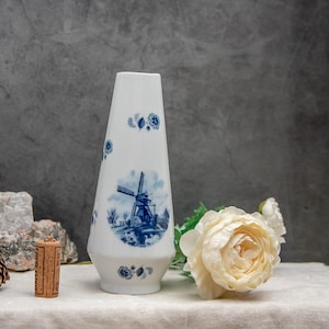 Vintage Delft Blue Vase: Hand-Painted Mill Floral Decor