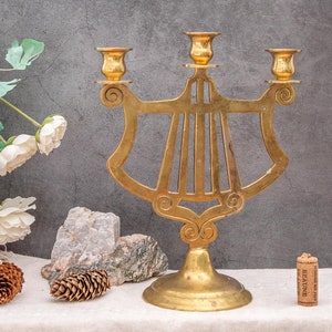 Vintage Solid Brass Harp Candelabra: Art Nouveau Candle Holder