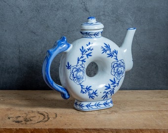 Vintage Chinese Doughnut White and Blue Floral Teapot Delft Style Porcelain Teapot Hand Painted