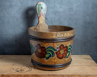 Vintage Norwegian Rustic Bucket Bentwood Farmhouse Cabin Decor Collectible Nordic Handcrafted Folk Art Wall Pocket Rosemaling Handpainted