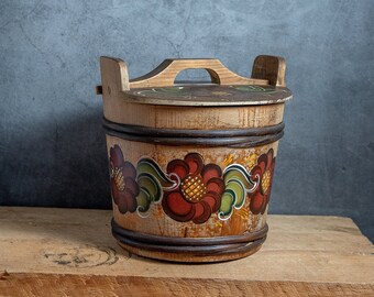 Vintage Norwegian Rustic Butter Bucket Bentwood Farmhouse Cabin Decor Collectible Nordic Handcrafted Folk Art Rosemaling Handpainted