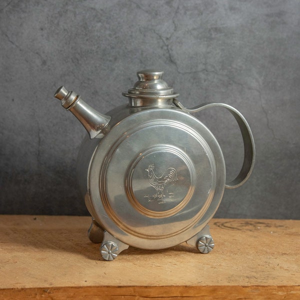 Vintage Tea Kettle Norwegian Pewter with Cork Rare Coffee Pot with Etched Rooster Brødrene Mylius