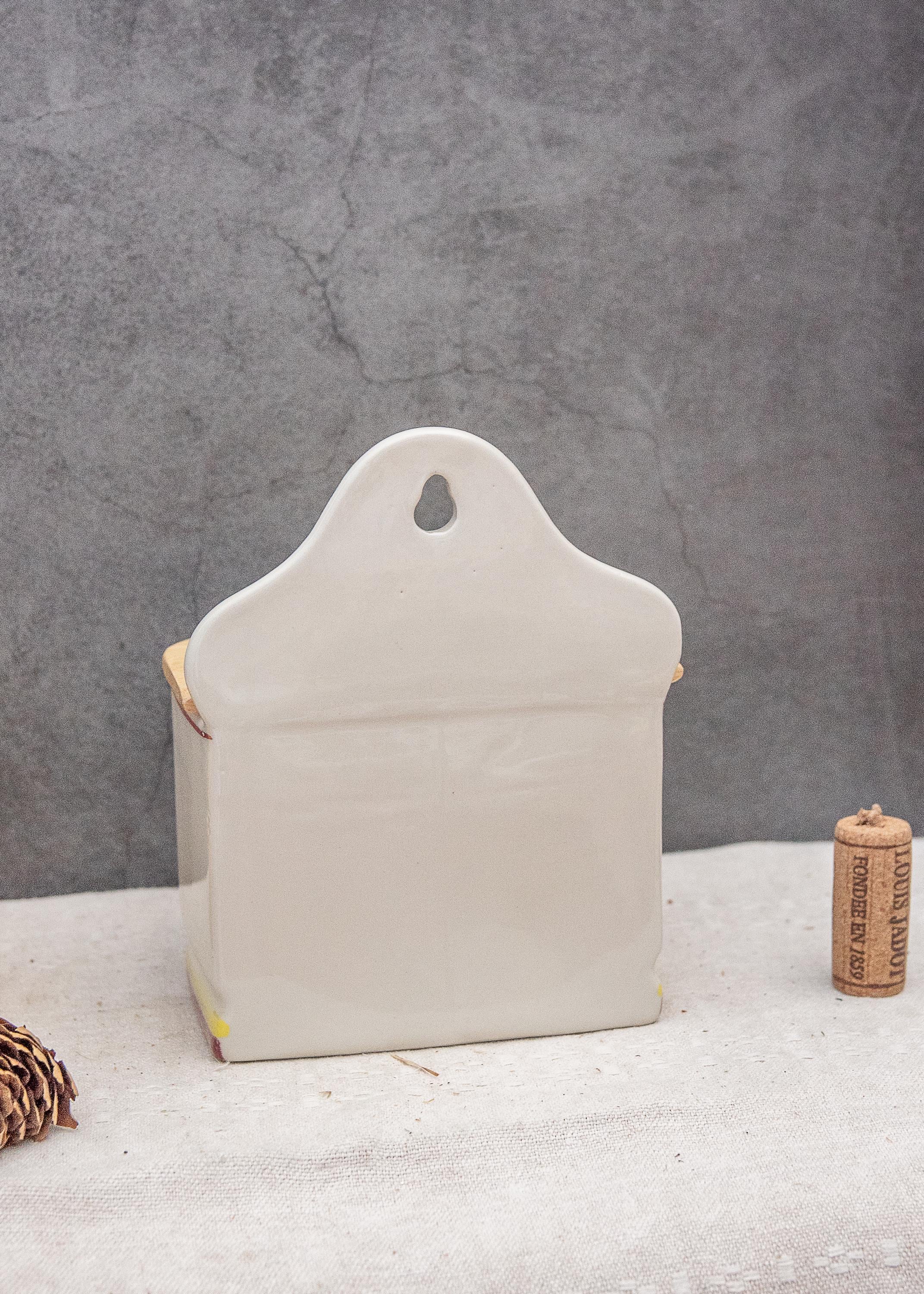Vintage Salt Wall Pocket Container With Wood Lid Farmhouse Kitchen