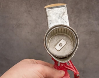 Vintage table grinder with 3 blades, Red cheese grater, Retro nut shredder, Scandi kitchen appliance
