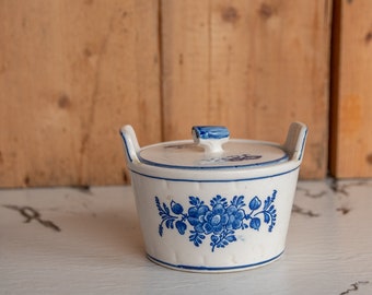 Vintage Blue and White ceramic jar Floral Pattern with lid Storage pot Mid century pottery