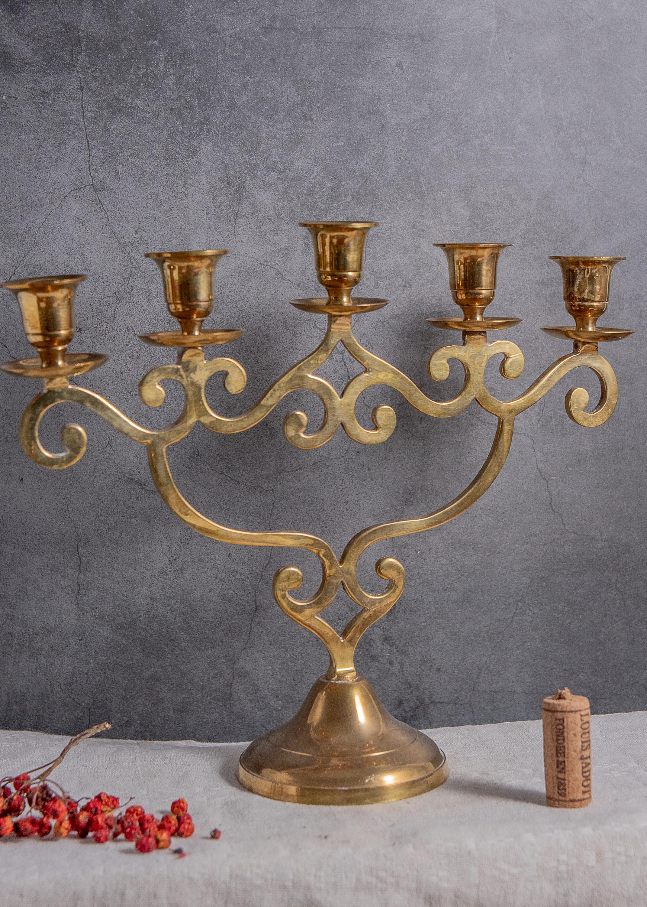 Vintage Solid Brass Candelabra: Victorian 5-arm Holiday