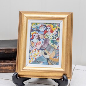 Vintage ingelijste kunst, decoratieve porseleinen wandtegel, gouden houten lijst, schilderij fotowand, Noorse kunstenaar THORSTEIN RITTUN (1929-2018)