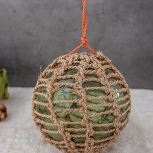 Large Antique Fishing Float with Net Norwegian Handcrafted Glass Float Globe Green Vintage Nautical Decor Marking M Produced Moss Glassverk