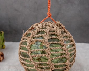 Large Antique Fishing Float with Net Norwegian Handcrafted Glass Float Globe Green Vintage Nautical Decor Marking M Produced Moss Glassverk