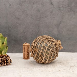 Small Antique Fishing Float Hemp Net Norwegian Handmade Glass Fishing Float Globe Dark Olive Green Vintage Nautical Beach Decor Buoy