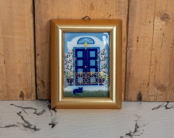 Vintage Porsgrund Porcelain Art Tile Signed Anne Marie Odegaard Picture with house fence and cat Golden Frame Wall Art