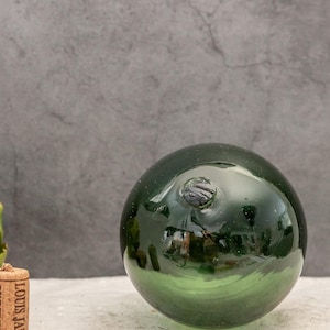 Antique Fishing Float without Net Norwegian Handcrafted Glass Float Globe Dark Green Vintage Nautical Beach Coastal Decor Marked Letters CM