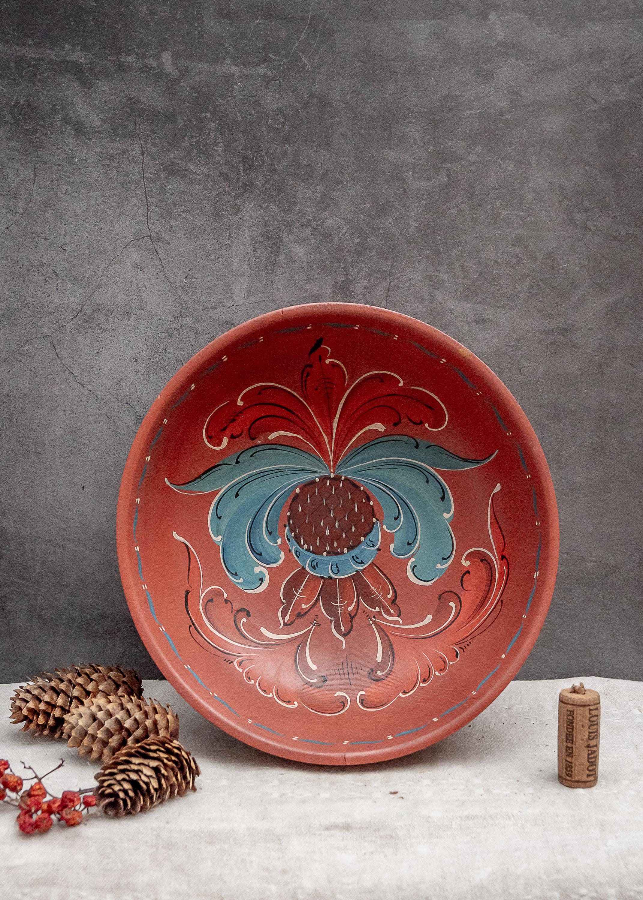 9 Inch Vintage Decorative Tray Wood Bowl Handmade Folk Art Wood