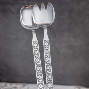 Vintage Salad Serving Set Spoon Fork from 60&#39;s Made in Japan Flower Pattern Stainless Steel Fork Spoon Party Accessory Gift for her