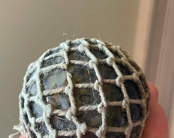 Small sntique fishing float with net, Norwegian handcrafted glass ball, Green globe, Vintage fishing gear, Gift for fisherman
