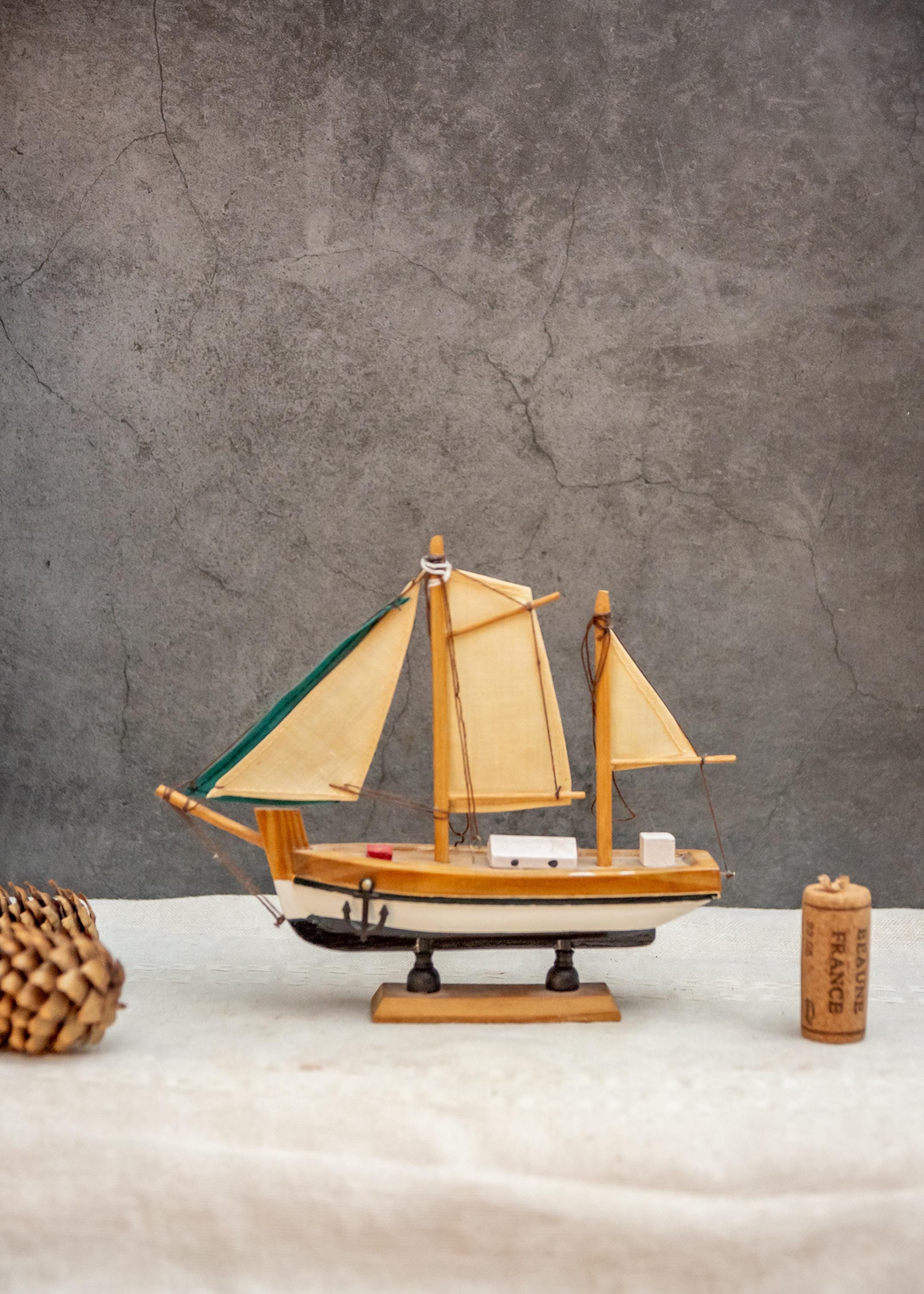 Primitive Boat Model Vintage Rowing Boat Model Wood Miniature Figurine Primitive Toy ...