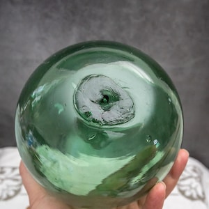 Antique glass float, Handcrafted fishing bouy, Large dark green orb, Norwegian beach decor, Beachcombed coastal gift,  Ø 6 inch / C 19 inch