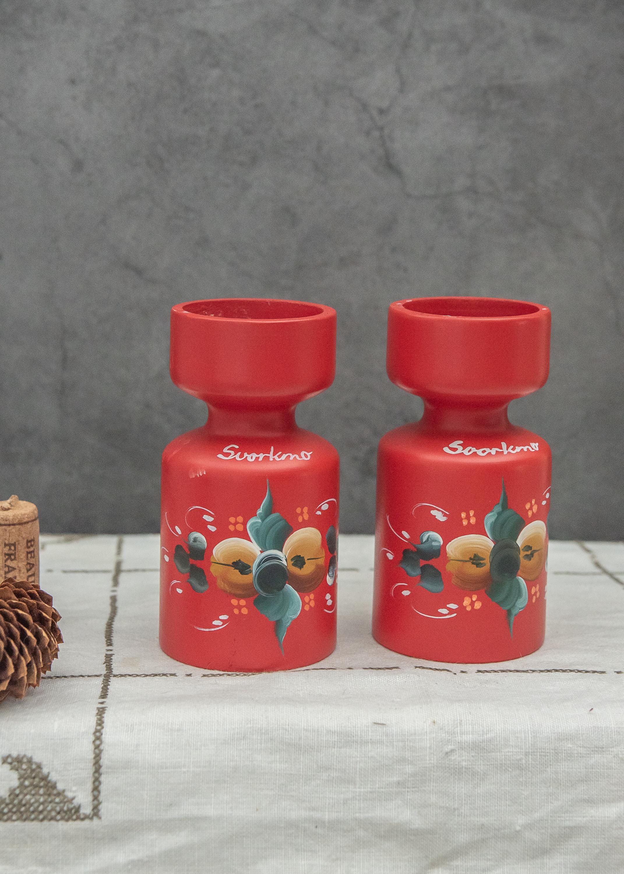Lot De 2 Bougeoirs De Noël Suédois – Bois Peint Rouge – Vintage (Occasion, Suède)