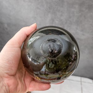 Antique glass float, Handcrafted fishing float, Olive green globe, Coastal cabin decor, Beach combing orb, M Moss glassverk, Norway