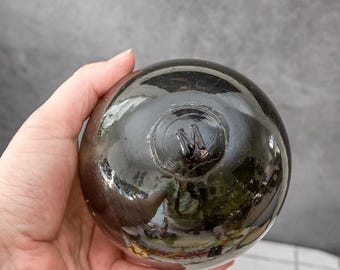 Flotador de vidrio antiguo, flotador de pesca artesanal, globo verde oliva, decoración de cabaña costera, esfera para buscar conchas en la playa, M Moss glassverk, Noruega