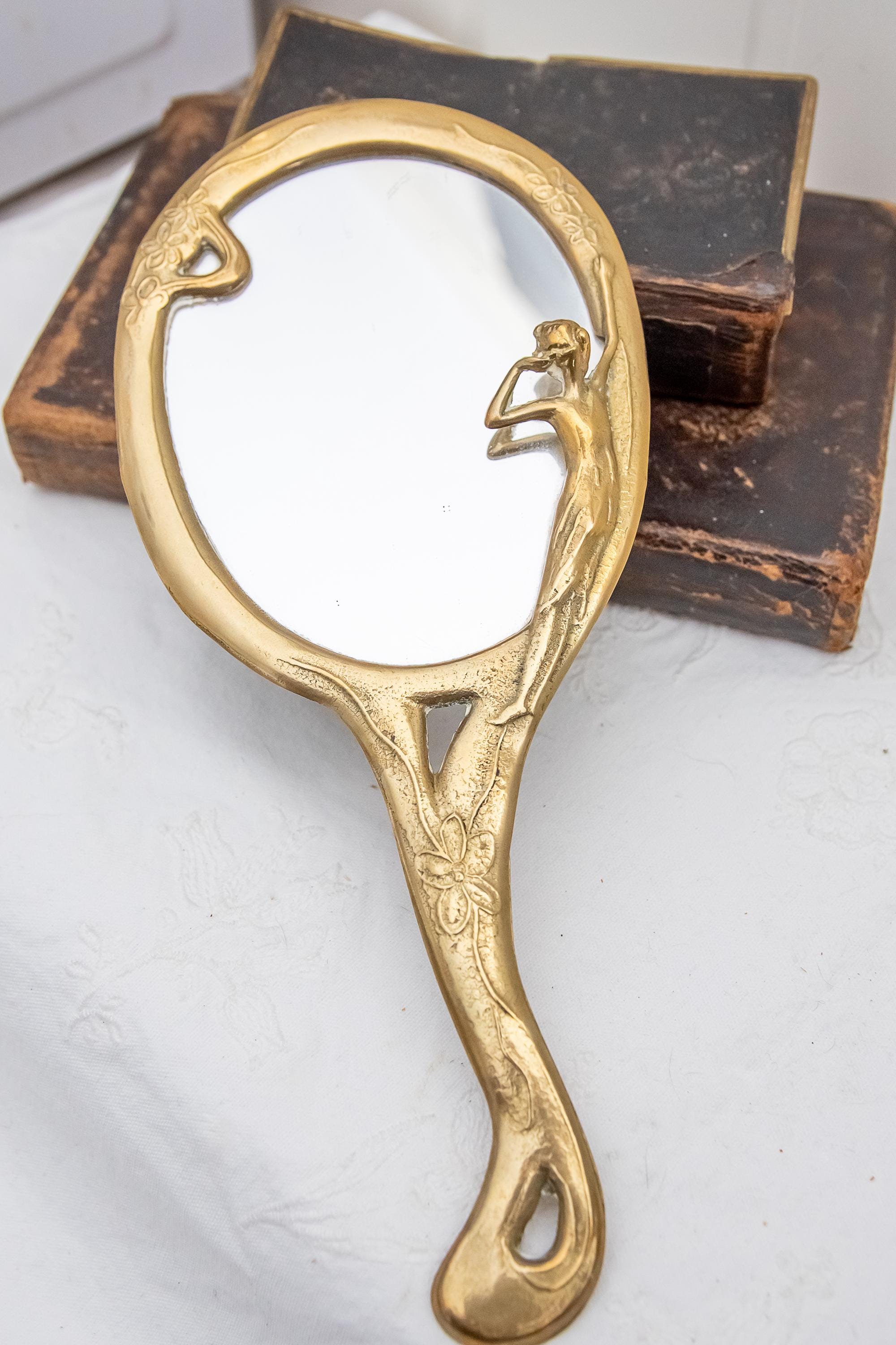 Antique Hand Held Mirror With Handle, Ornate Solid Brass  display picture 2