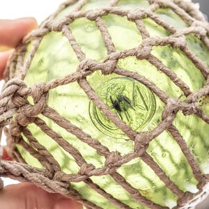 Antique Fishing Float Hemp Net Norwegian Handcrafted Glass Float Globe Bright Green Vintage Nautical Decor Marking CM Collectible Glass Buoy