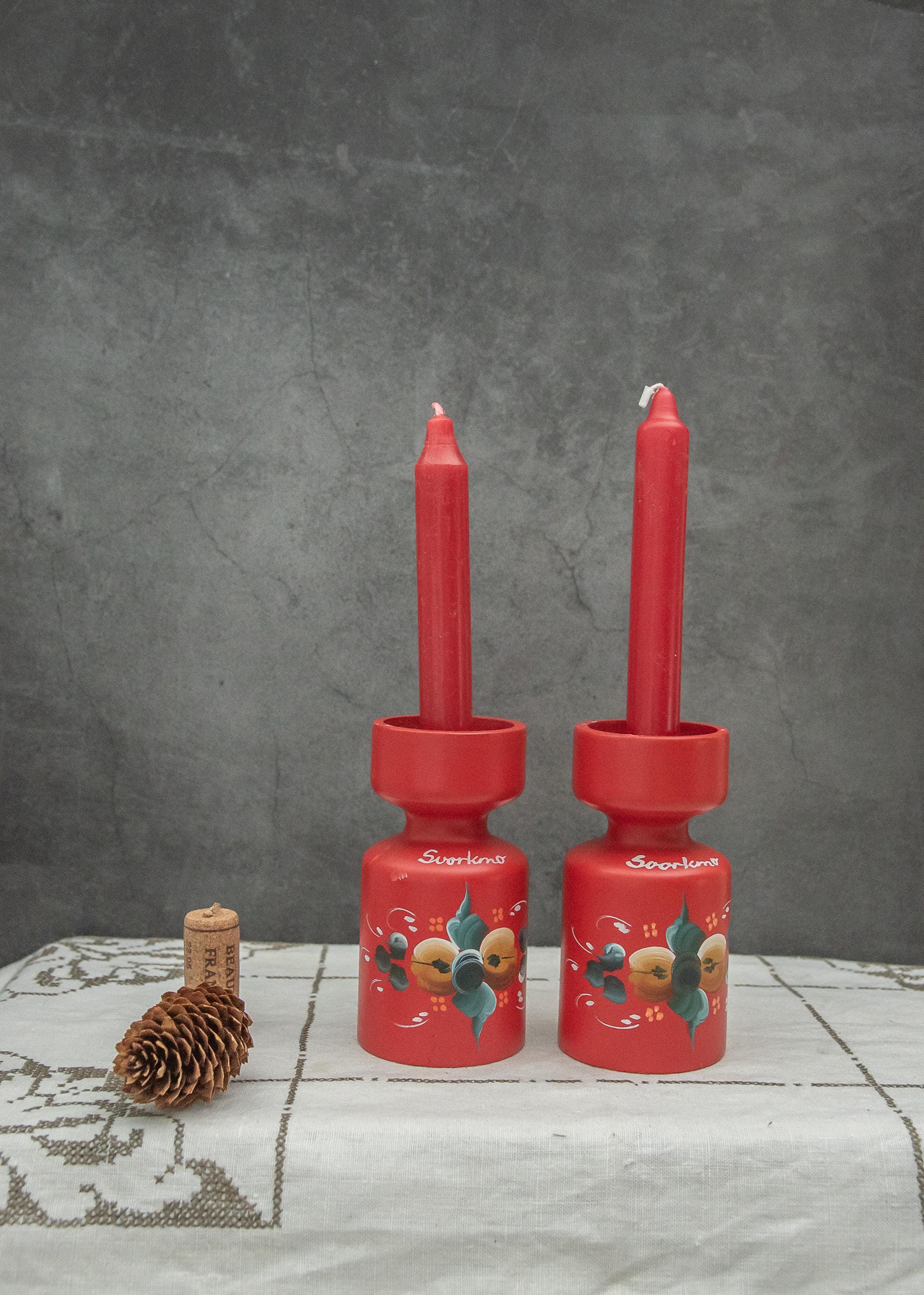 Lot De 2 Bougeoirs De Noël Suédois – Bois Peint Rouge – Vintage (Occasion, Suède)