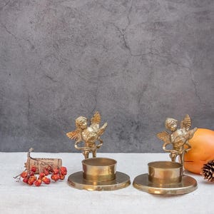 Set of 2 Small Vintage Candle Holder Cherub Figure Solid Brass Angel Victorian Style Home Interior Candlestick Farmhouse Shelf Decor